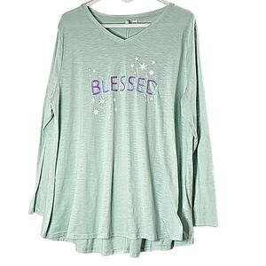 Womens Sz 18/20 Mint Green Pearls Stars Sequins Blessed Decorative V-Neck Top